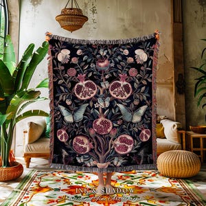 Whimsical Pomegranate Blanket Enchanted Woodland Tapestry Throw | Dark Academia Vintage Floral  Aesthetic Butterfly Woven Art Ethereal Decor