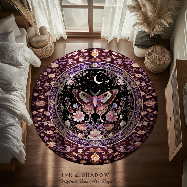 Purple Moth Celestial Rug Boho Fairycore Dark Floral Decor | Enchanted Fairy Cottagecore Butterfly Lovers Moth Moon Rug Whimsical Goth Gift Bild 8