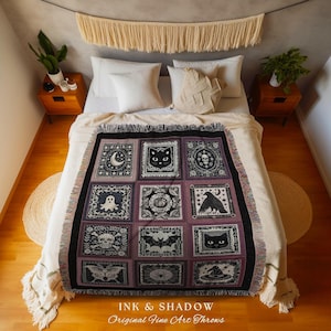 Retro Witchy Cottagecore Tapestry Purple Patchwork Blanket | Spooky Season Woodland Gothic Fairycore Grunge Throw Whimsical Cottagegoth Home