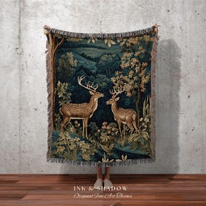 Folk Art Blanket Woodland | Folk Art Blanket Woven Tapestry William Morris Throw Dark Cottagecore Gothic Aesthetic Bedding Light Academia | image 7