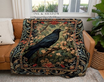 Dark Academia Crowcore Throw Blanket | Ethereal Home Decor Morris Inspired Cottagecore Tapestry Dark Fairycore Book Nook Woodland Witchy |