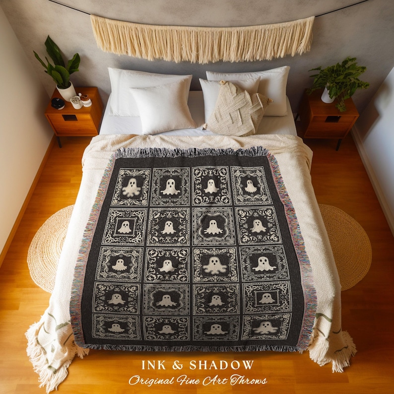 Witchy Throw Blanket Ghost Lover Cute | Whimsigoth Home Decor Fall Vibes Cozy Home Accent Dark Academia Aesthetic Tapestry Ghost Lover Gift image 2