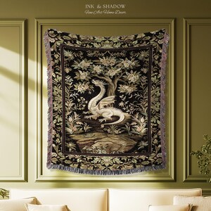 Woodland Gothic White Dragon Blanket Enchanted Forest Tapestry Throw | Mystical Dark Academia Whimsical Fantasy Forestcore Art Deco Decor image 9