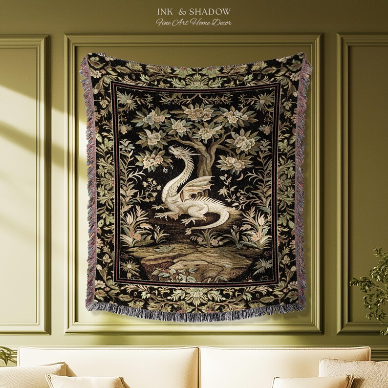 Woodland Gothic White Dragon Blanket Enchanted Forest Tapestry Throw | Mystical Dark Academia Whimsical Fantasy Forestcore Art Deco Decor image 9