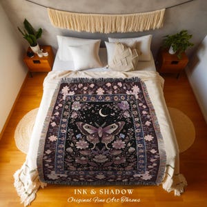 Purple Moth Celestial Blanket Boho Fairycore Dark Floral Decor | Enchanted Goth Cottagecore Butterfly Lovers Moth Moon Tapestry Whimsical image 1
