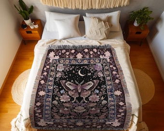 Purple Moth Celestial Blanket Boho Fairycore Dark Floral Decor | Enchanted Goth Cottagecore Butterfly Lovers Moth Moon Tapestry Whimsical