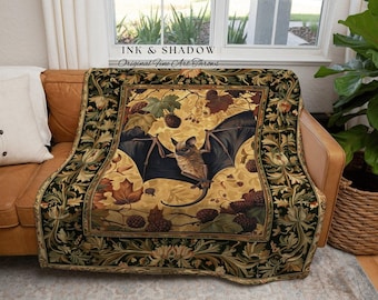 Bat Lover Maximalist Throw Blanket | Whimsical Gothic Cottagecore Blanket Woven Throw Witch Aesthetic Bedroom Woodland Ethereal Botanical