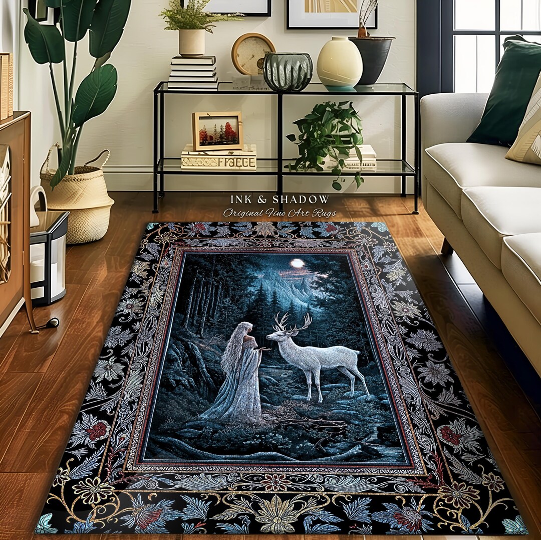 Moonlit Deer Forest Rug | Midnight Magic Folklore Accent Rug - Etsy