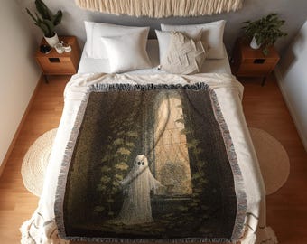 Gothic Garden Ghost Halloween Art Blanket Woven | Fall Aesthetic Vintage Ghost Art Woven Tapestry Halloween Decor Dark Academia Blanket Goth
