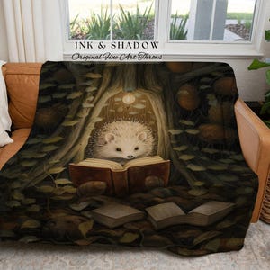 Hedge Hog Book Nook Blanket | Forestcore Dark Woodland Cottagecore Tapestry Woven Mystical Bookish Gift for Reader Cozy Throw Hedgehog Lover image 6