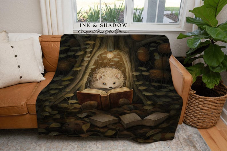 Hedge Hog Book Nook Blanket | Forestcore Dark Woodland Cottagecore Tapestry Woven Mystical Bookish Gift for Reader Cozy Throw Hedgehog Lover image 6