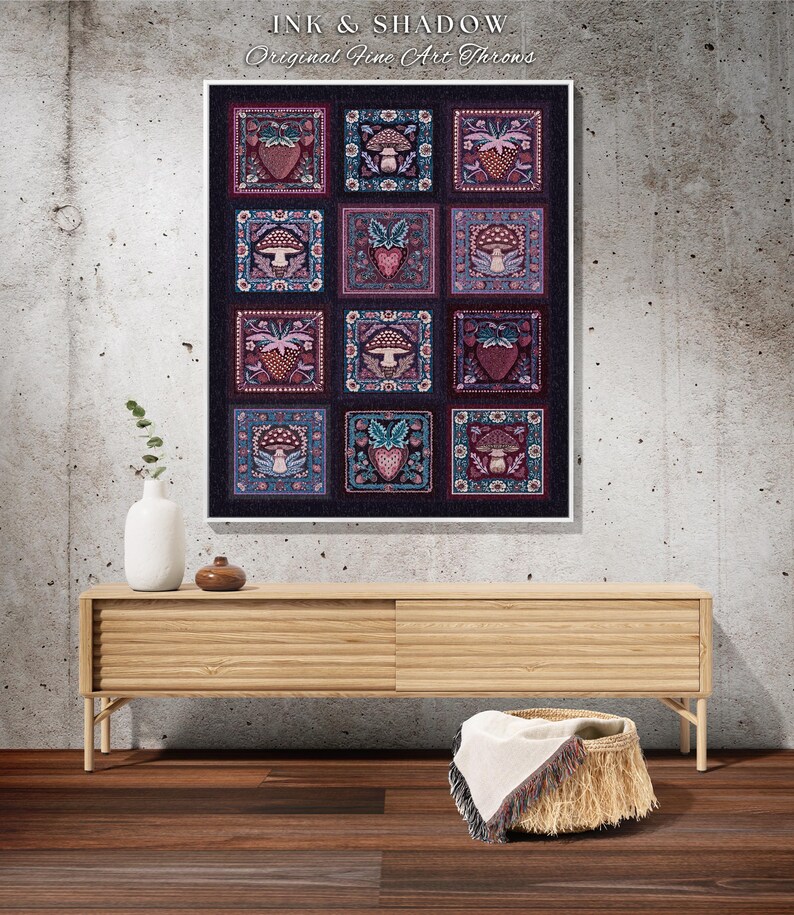 Whimsical Boho Mushroom Strawberry Blanket Cozy Cottagecore Purple Checked Throw | Whimsigoth Maximalist Aesthetic Dark Cottagegoth Decor image 7