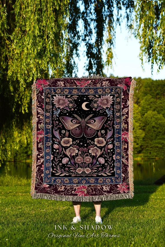 Mystic Moth Moon Woven Throw Blanket Whimsigothic Purple Dark