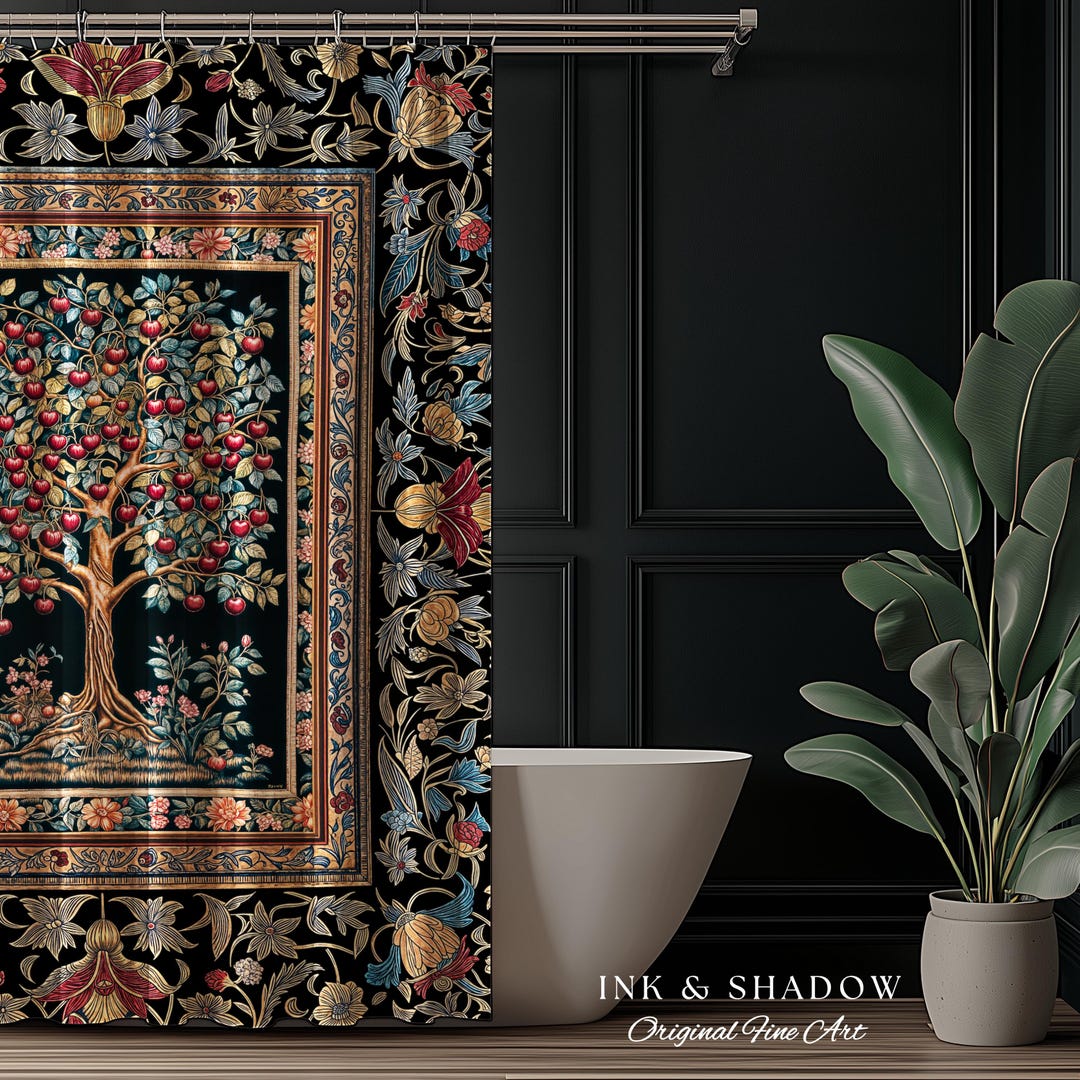 Medieval Cherry Tree of Life Shower Curtain | Baroque Botanical Pattern ...
