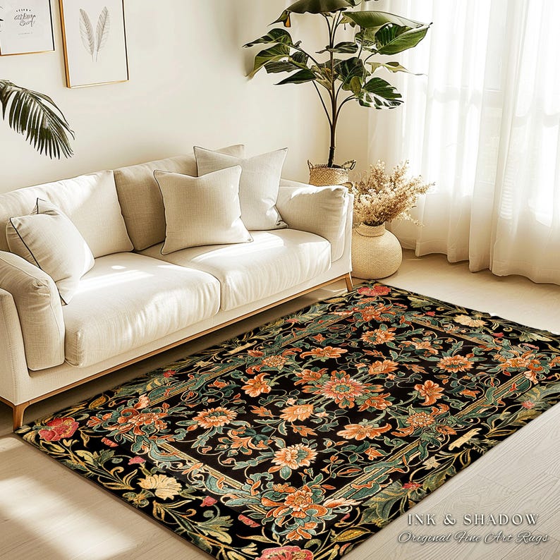 Peachy Rustic Rug Peachy Floral Area Rug | Dark Floral Woodland Living Room Home Decor ...