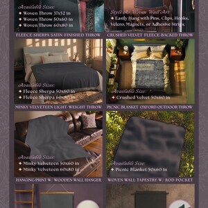 The image is a collage of four images showcasing different signature throw and tapestry wall art collections from the brand Ink & Shadow. The images feature various sizes and styles of wall art, including woven throw and tapestry wall art, as well as signature throw and tapestry wall art. The text in the image provides information about the available sizes and styles, but it does not include any descriptive text about the individual images.