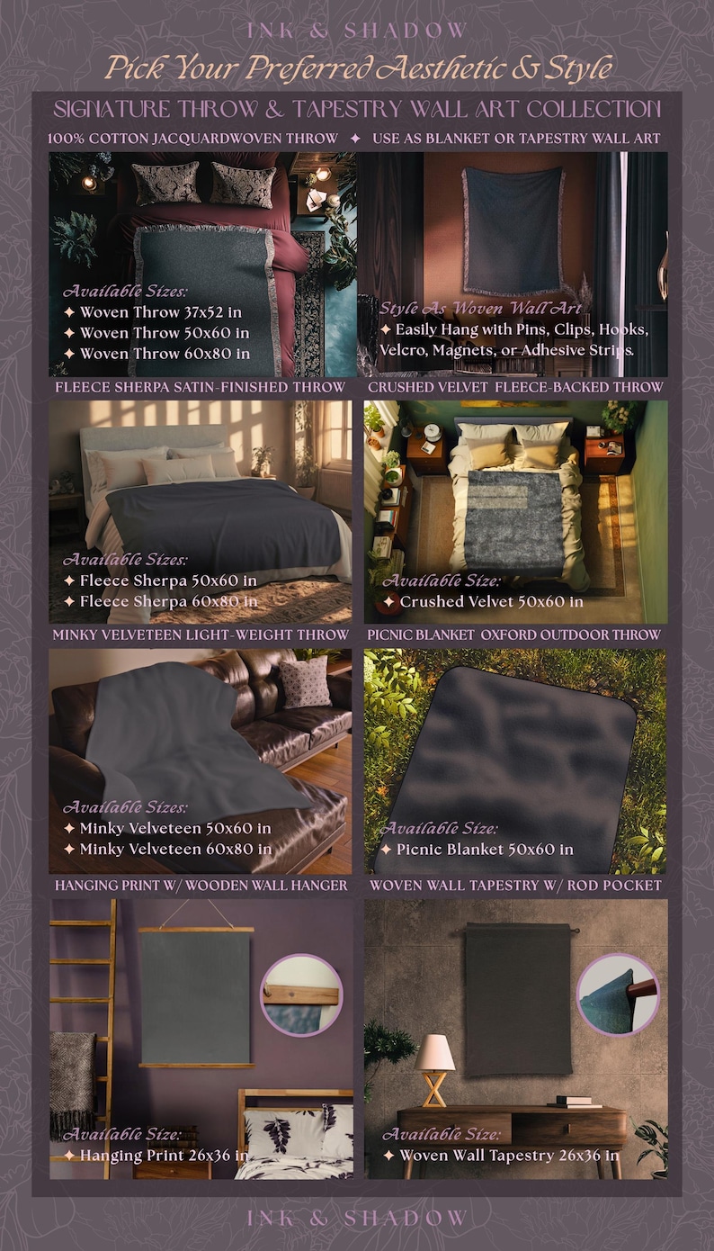 The image is a collage of four images showcasing different signature throw and tapestry wall art collections from the brand Ink & Shadow. The images feature various sizes and styles of wall art, including woven throw and tapestry wall art, as well as signature throw and tapestry wall art. The text in the image provides information about the available sizes and styles, but it does not include any descriptive text about the individual images.