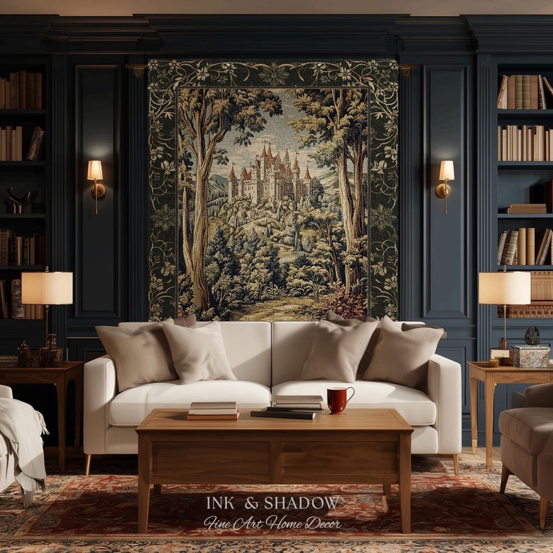 May include: A rectangular wall tapestry featuring a detailed woven scene of a medieval castle nestled within a dense forest, framed by a dark floral border. The artwork displays muted earth tones, including greens, browns, and creams.