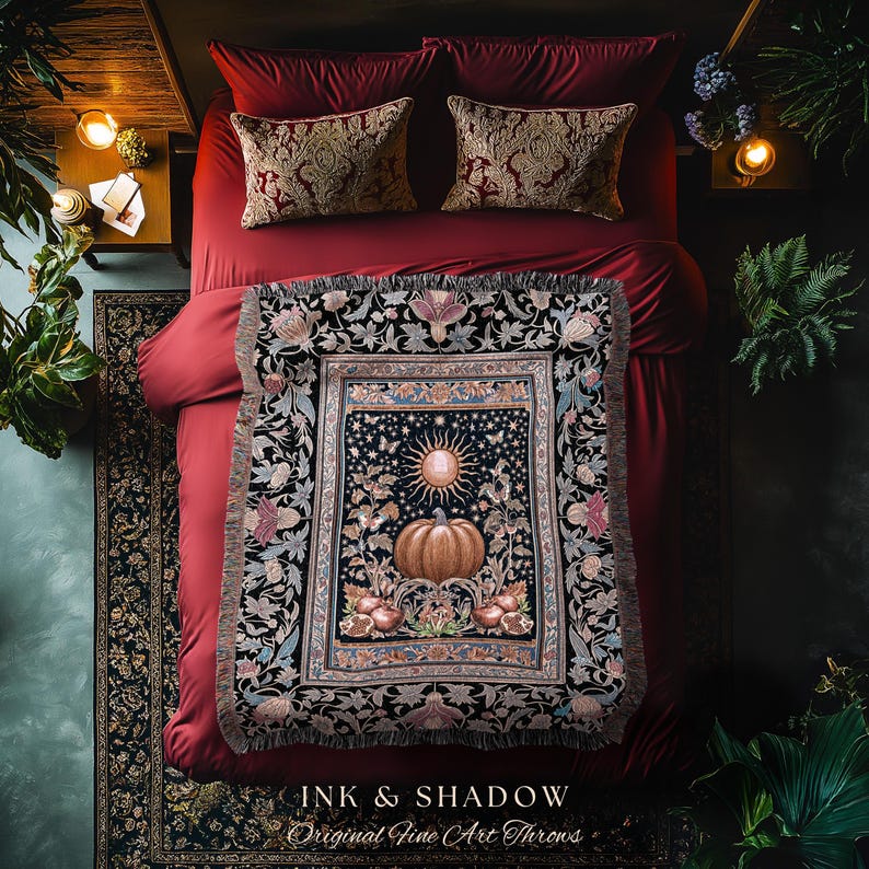 Baroque Elegance Fall Pumpkin Blanket | Aesthetic Fall Throw Spooky Season Gothiccore Witchy Cozy Autumn Blanket Rustic Fall Tapestry Woven image 3