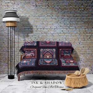 Whimsical Boho Mushroom Strawberry Blanket Cozy Cottagecore Purple Checked Throw | Whimsigoth Maximalist Aesthetic Dark Cottagegoth Decor image 6