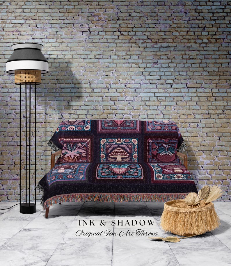 Whimsical Boho Mushroom Strawberry Blanket Cozy Cottagecore Purple Checked Throw | Whimsigoth Maximalist Aesthetic Dark Cottagegoth Decor image 6
