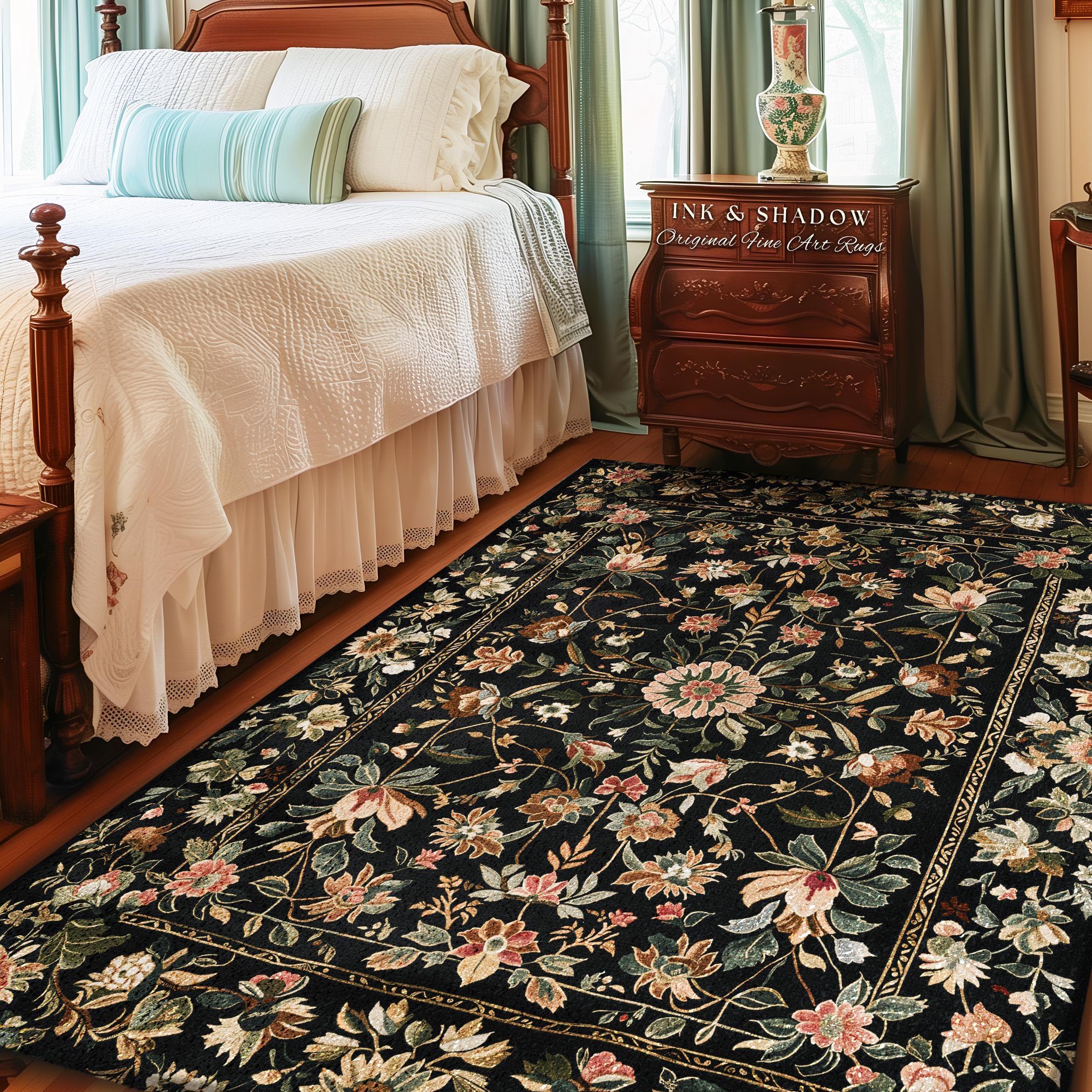Victorian Folk Art Floral Rose Garden Rug | Dark Cottagecore