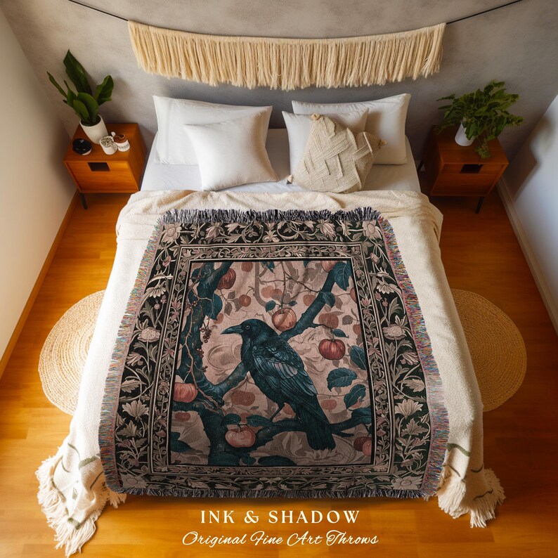 Victorian Raven Enchanted Forest Blanket Whimsical Woodland Gothic Apple Tree Tapestry | Dark Cottgecore Cottage Goth Crowcore Fairy Grunge image 2