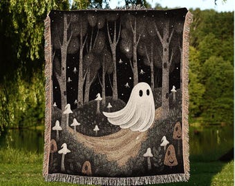 Woodland Mushroom Blanket Woven | Dark Cottagecore Room Decor Whimsical Wall Art Woodland Ghost Painting Mushroom Wall Art Whimsigoth Decor