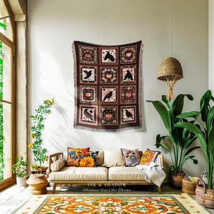 Retro Crow Pumpkin Farmhouse Throw Cottagecore Witch Decor | Vintage Aesthetic Witchy Tapestry Blanket Fall Vibes Maximalist Unique Gift image 10
