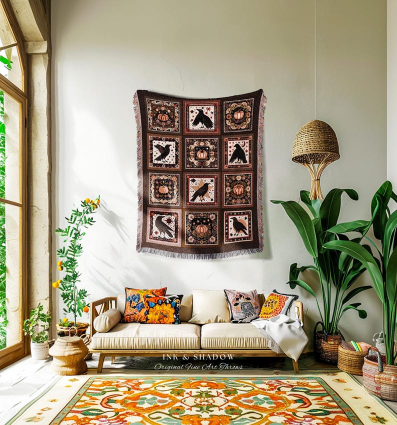 Retro Crow Pumpkin Farmhouse Throw Cottagecore Witch Decor | Vintage Aesthetic Witchy Tapestry Blanket Fall Vibes Maximalist Unique Gift image 10