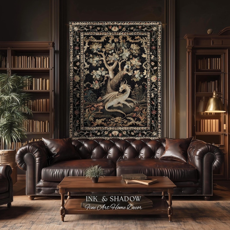 May include: A rectangular wall tapestry featuring a central dragon illustration beneath a large tree, surrounded by a floral border in black, gold, and muted earth tones. The text INK & SHADOW Fine Art Home Decor is visible on the wooden coffee table.