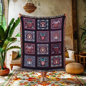 Whimsical Boho Mushroom Strawberry Blanket Cozy Cottagecore Purple Checked Throw | Whimsigoth Maximalist Aesthetic Dark Cottagegoth Decor image 9