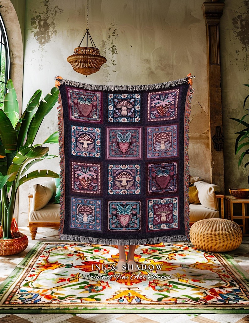 Whimsical Boho Mushroom Strawberry Blanket Cozy Cottagecore Purple Checked Throw | Whimsigoth Maximalist Aesthetic Dark Cottagegoth Decor image 9
