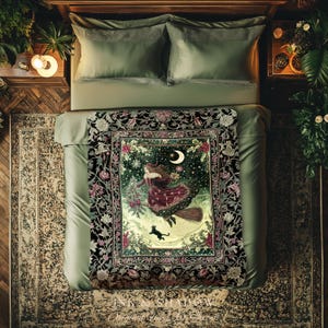 Snowy Magic Celestial Witch Blanket | Gothic Magic Black Cat Woven Tapestry Broomstick Ride Moon Stars Botanical Frame Mystical Folklore Art immagine 9