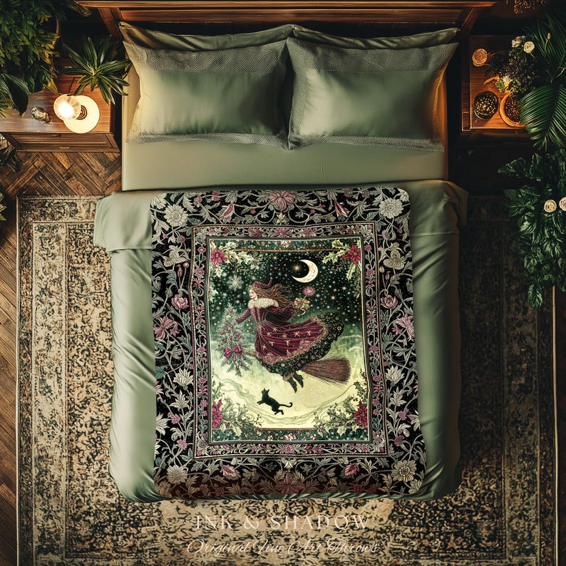 Snowy Magic Celestial Witch Blanket | Gothic Magic Black Cat Woven Tapestry Broomstick Ride Moon Stars Botanical Frame Mystical Folklore Art immagine 9