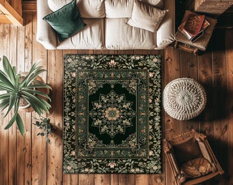 Witchy Bohemian Rustic Accent Rug | Enchanting Midnight Emerald Ornate Area Rug Traditional Art Deco Living Room Baroque Aesthetic Decor |