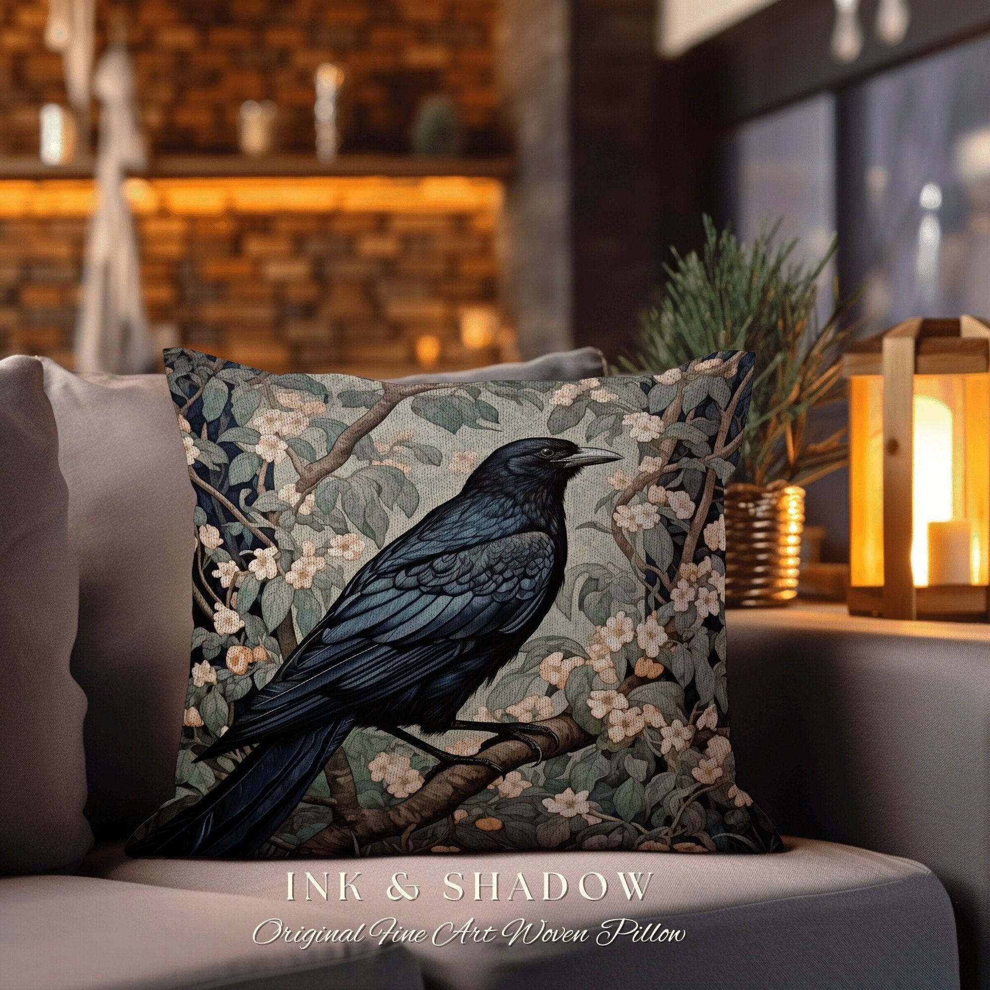 Raven Throw Pillow Woven | Gothic Pillow William Morris Art Pillow