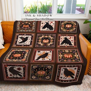 Retro Crow Pumpkin Farmhouse Throw Cottagecore Witch Decor | Vintage Aesthetic Witchy Tapestry Blanket Fall Vibes Maximalist Unique Gift