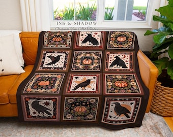 Retro Crow Pumpkin Farmhouse Throw Cottagecore Witch Decor | Vintage Aesthetic Witchy Tapestry Blanket Fall Vibes Maximalist Unique Gift
