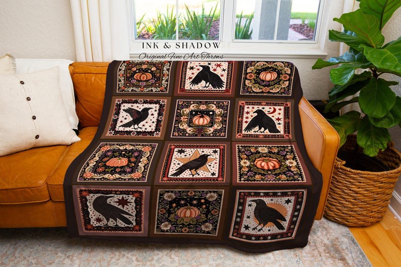 Retro Crow Pumpkin Farmhouse Throw Cottagecore Witch Decor | Vintage Aesthetic Witchy Tapestry Blanket Fall Vibes Maximalist Unique Gift image 1