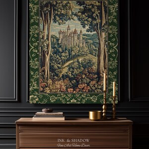 May include: A rectangular wall tapestry featuring a detailed woven scene of a castle nestled within a dense forest, framed by a dark green border with gold floral patterns. The artwork depicts tall trees, rolling hills, and a stone castle.