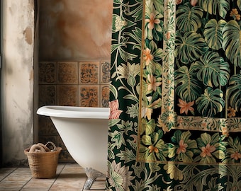 Emerald Green Rich Botanical Shower Curtain | Dark Victorian Floral Houseplant Lover Whimsical Bathroom Decor Maximalist Aesthetic Monstera