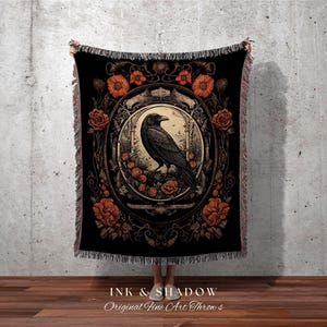 Goth Aesthetic Blanket Woven Wall Hanging | Gothic Home Decor Dark Academia Tapestry Dark Cottagecore | Vintage Occult Tapestry Crow Decor image 3