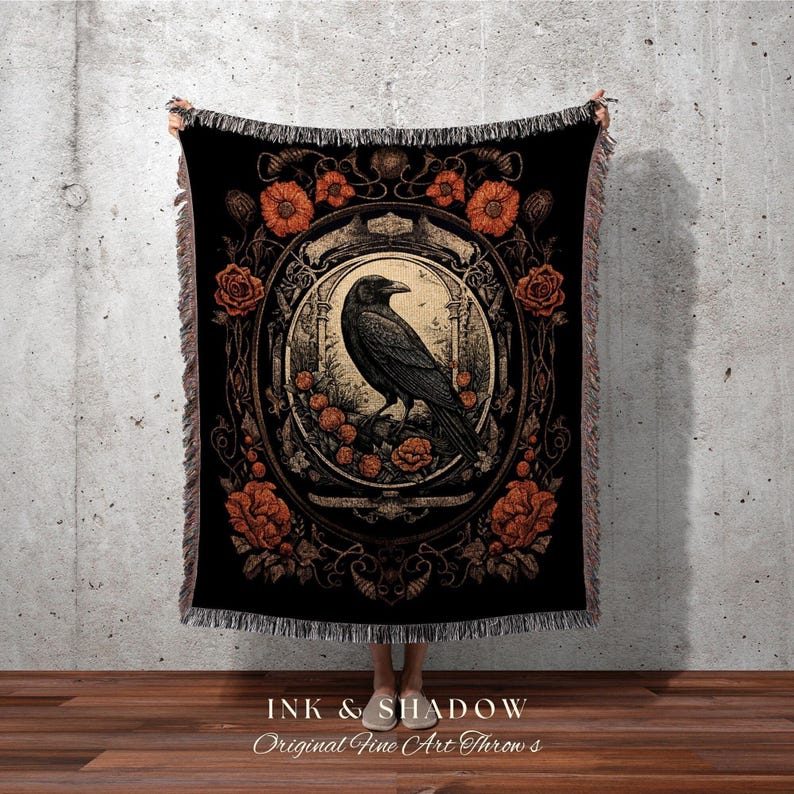 Goth Aesthetic Blanket Woven Wall Hanging | Gothic Home Decor Dark Academia Tapestry Dark Cottagecore | Vintage Occult Tapestry Crow Decor image 3