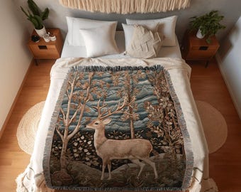 Deer Blanket Woven Wall Tapestry | Folklore Aesthetic Tapestry Woven William Morris Decor Dark Cottagecore Gothic Fairycore Deer Mystic Art