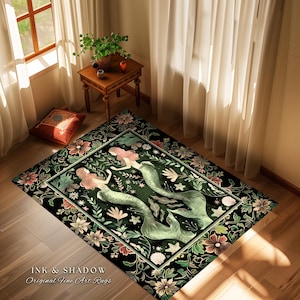Enchanted Ocean Mermaid Floral Sea Life Rug | Vintage Emerald Green Whimsical Coastal Cottagecore Art Nouveau Underwater Fantasy Ocean Decor 画像 11