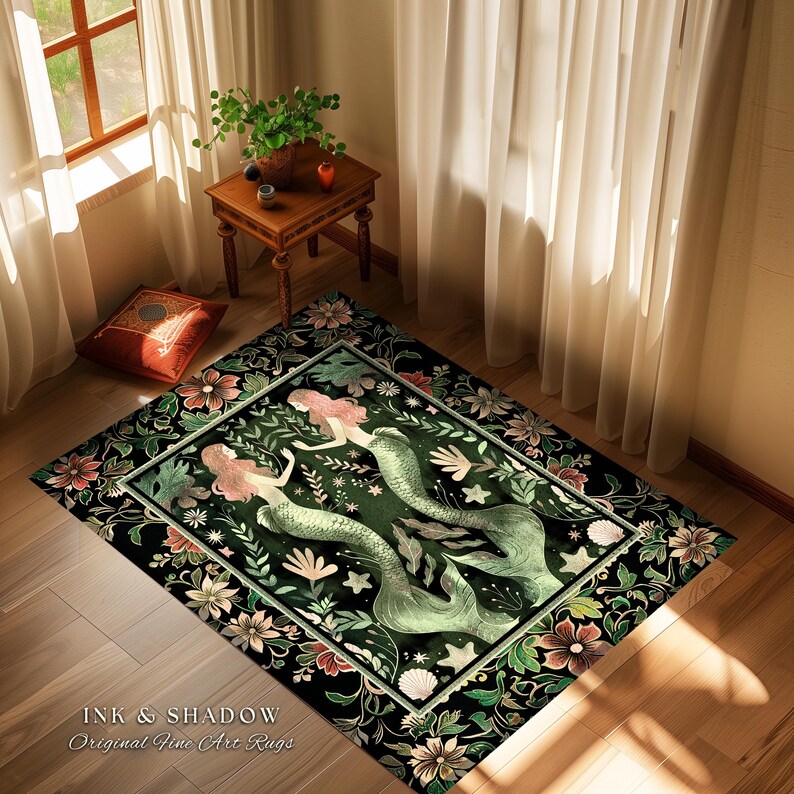 Enchanted Ocean Mermaid Floral Sea Life Rug | Vintage Emerald Green Whimsical Coastal Cottagecore Art Nouveau Underwater Fantasy Ocean Decor 画像 11