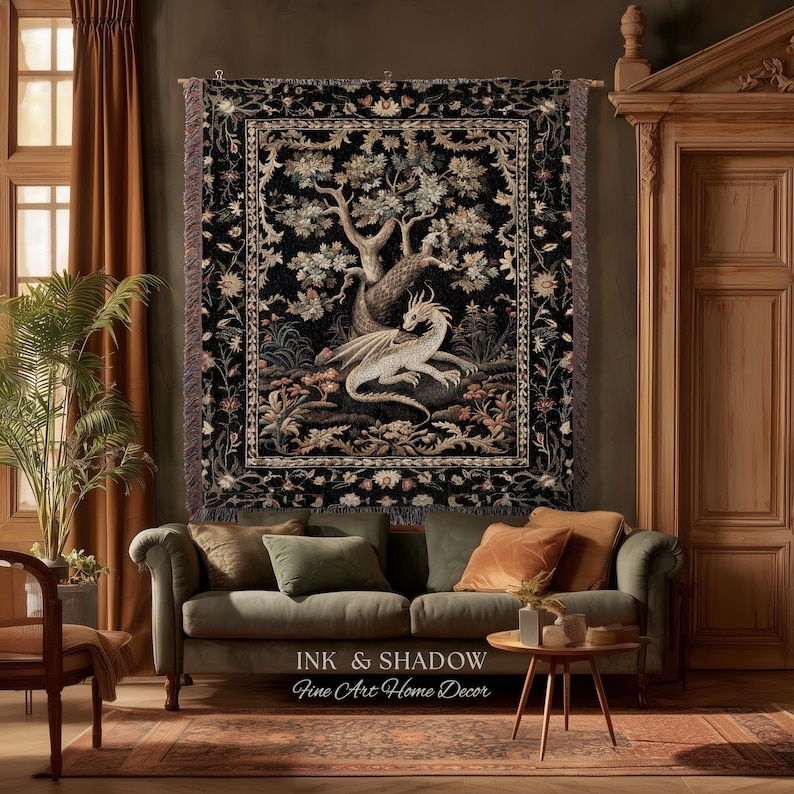 Medieval Aesthetic Dragon Blanket | Fairytale Inspired Nursery Decor Morris Style Cottagecore Fairycore Woven Throw Tapestry Botanical | image 2