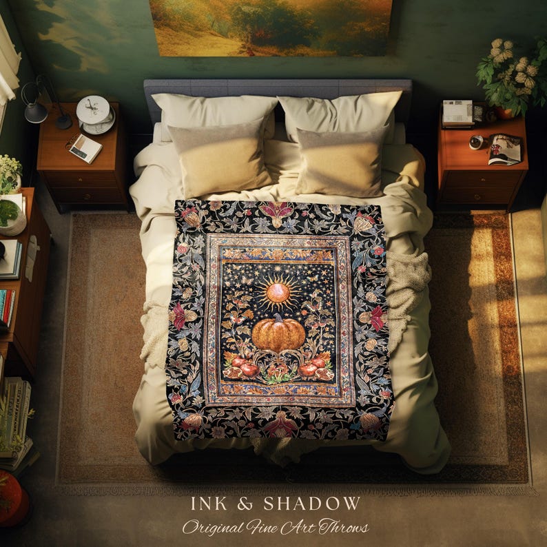 Baroque Elegance Fall Pumpkin Blanket | Aesthetic Fall Throw Spooky Season Gothiccore Witchy Cozy Autumn Blanket Rustic Fall Tapestry Woven image 6