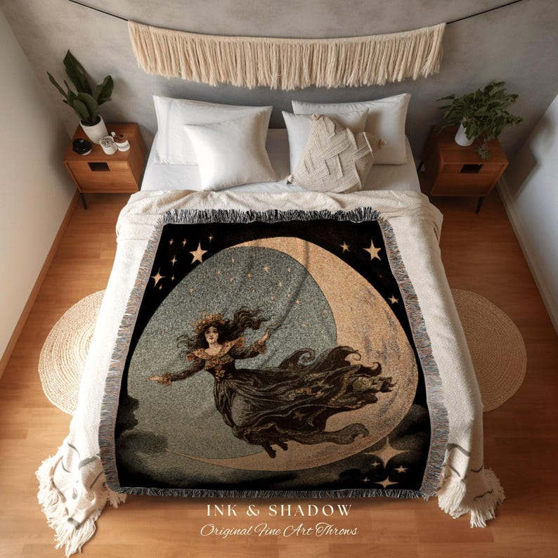 Halloween Night Moon Witch Celestial Tapestry Woven Blanket Halloween Retro Aesthetic | Witchy Room Decor Goth Aesthetic Halloween Spooky | bild 3